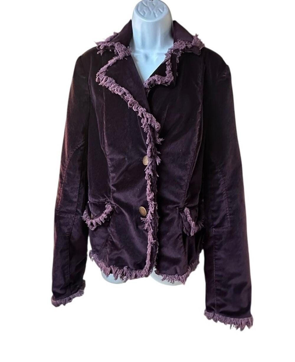 Vintage Cache Purple Velvet Blazer Jacket Fringe Trim Boho Y2K Statement Sz 12